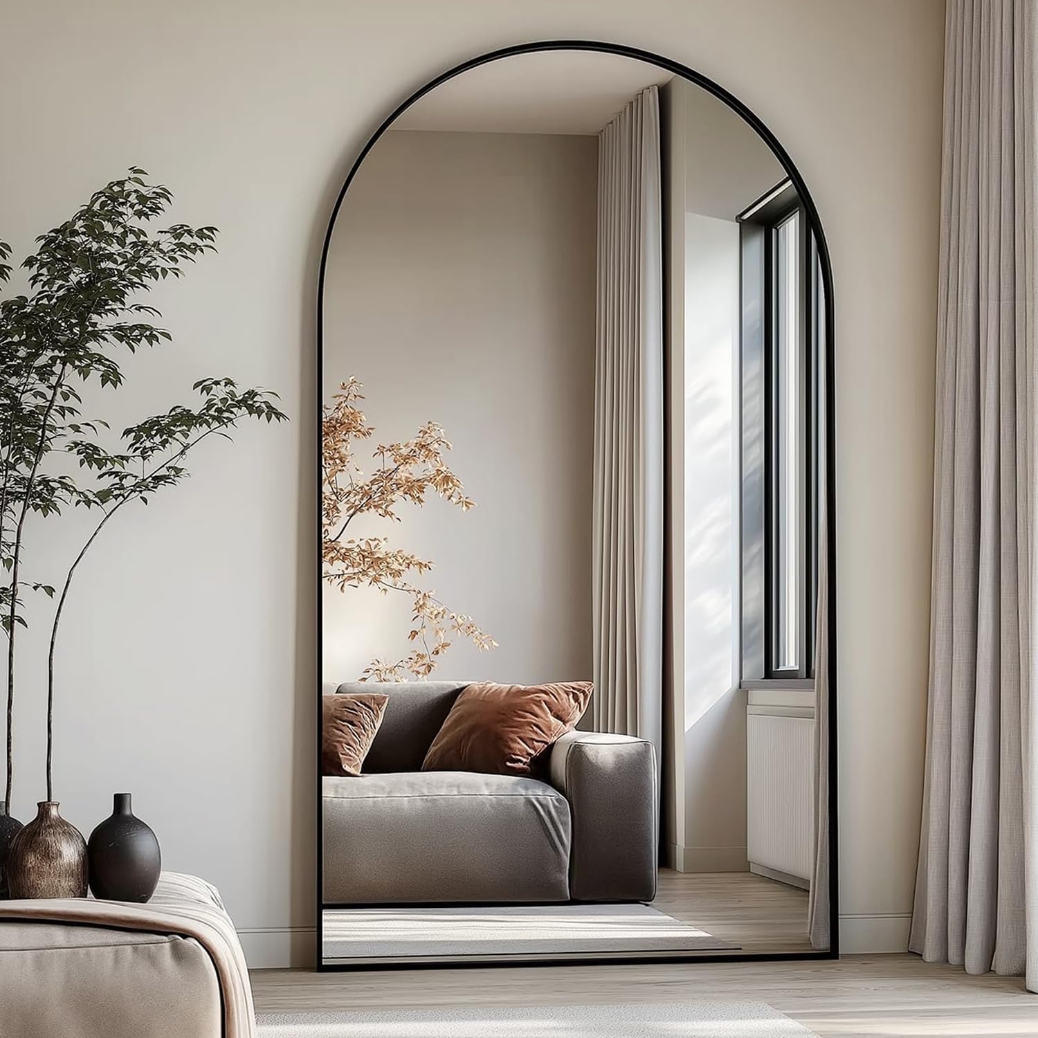 Arched Full Length Mirror, 76″x34″, Large Floor Mirror with Stand, Full Body Mirror Standing for Leaning Hanging Bedroom, Living Room,Dressing Room, Aluminum Alloy Frame, Black