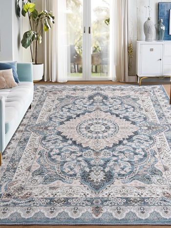 Foxmas 6x9 Area Rugs for Living Room, Machine Washable Vintage Rug, Non-Slip Low Pile Throw Rugs with Rubber Backing Washable Carpet for Bedroom Dining Room Kitchen Home Decor, Blue