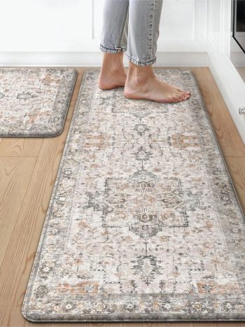 GENIMO Kitchen Mats for Floor 2PCs, Washable Anti Fatigue Mat for Cushioned, 17.3"x47"+17.3"x30", Waterproof Kitchen Rugs, Non Slip Comfort Standing Mat Rug for Home, Sink, Laundry, LightTaupeBrown