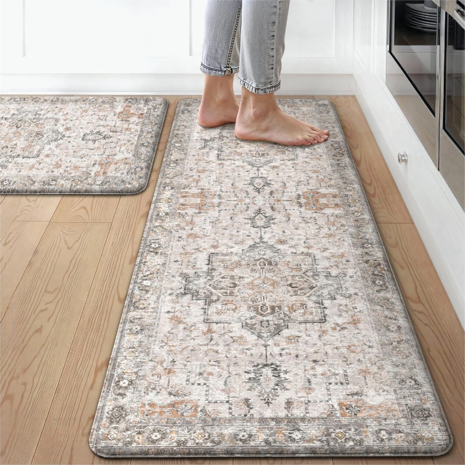 GENIMO Kitchen Mats for Floor 2PCs, Washable Anti Fatigue Mat for Cushioned, 17.3″x47″+17.3″x30″, Waterproof Kitchen Rugs, Non Slip Comfort Standing Mat Rug for Home, Sink, Laundry, LightTaupeBrown