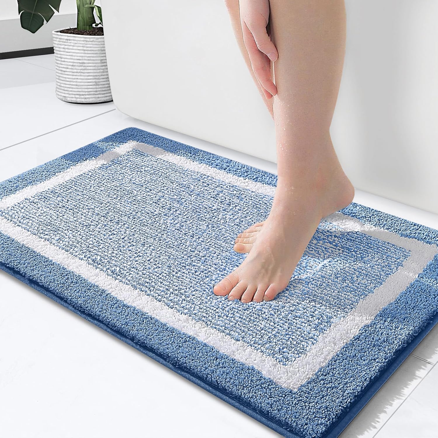 OLANLY Bathroom Rugs 24×16, Extra Soft and Absorbent Microfiber Bath Mat, Non-Slip, Machine Washable, Quick Dry Shaggy Bath Carpet, Suitable for Bathroom Floor, Tub, Shower (Small, Blue)