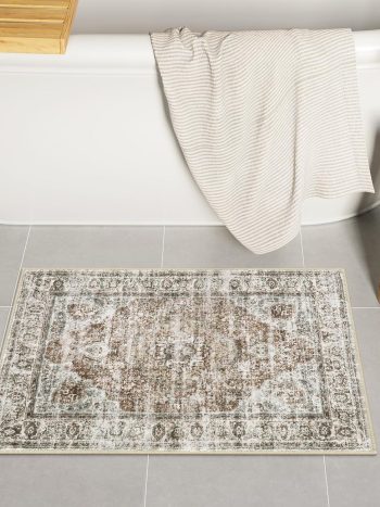 Uphome Boho Bathroom Rugs, Distressed Farmhouse Khaki Bath Mat, Comfy Velvet Small Bath Rugs Non Slip Washable, Vintage Oriental Toilet Rug for Sink Shower Vanity, 18x26 inch